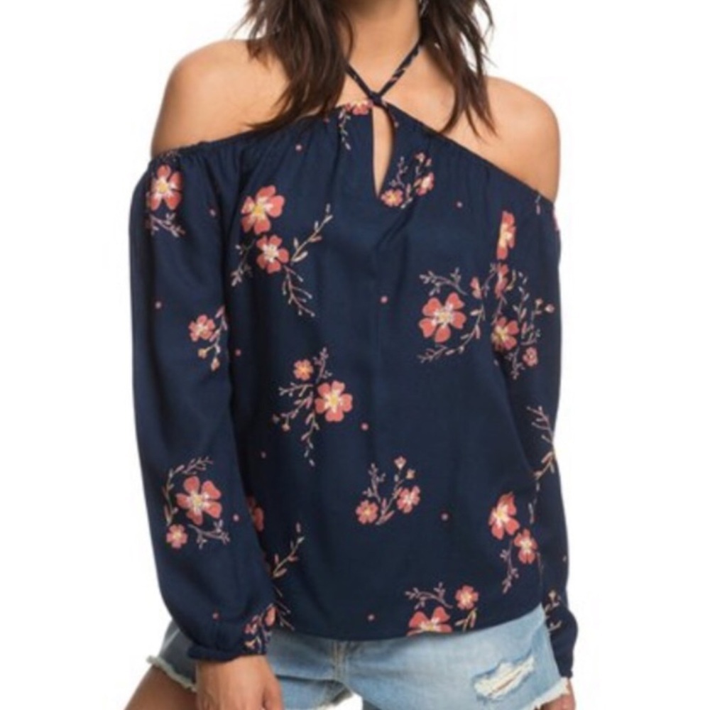 Roxy Women 8 Navy Floral Boho Beach Paradise Eyes Halter Off The Shoulder Top